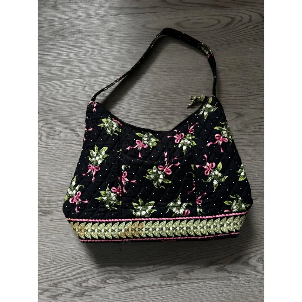 Vera Bradley Lily Bell Quilted Cotton Shoulder Bag Black Floral Pink Bows Hobo